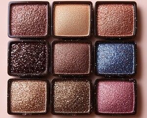 Fototapeta premium Close-up of nine shimmering eyeshadow pans arranged in a grid, showcasing vibrant colors