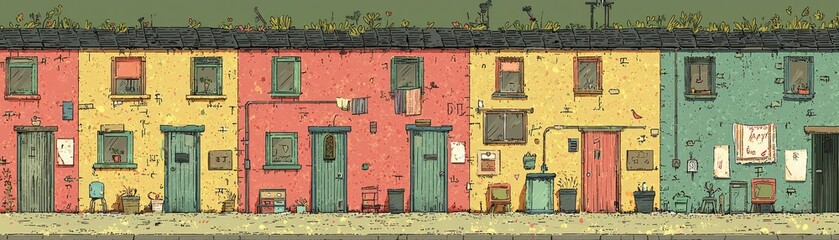 Colorful Row of Small Houses with Gardens