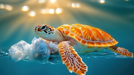Fototapeta premium In clear blue waters, a vibrant sea turtle swims near plastic debris, highlighting the impact of pollution on marine life. Sunlight filters through the surface, illuminating the scene