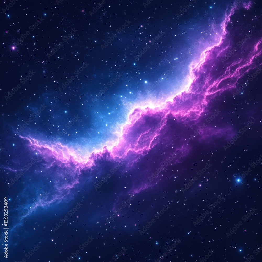 Poster ethereal cosmic cloudscape of vibrant nebula in deep space with twinkling stars and celestial glow