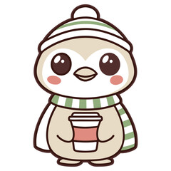 Cute Kawaii Penguin Holding Coffee Cup with Striped Hat and Scarf Cartoon