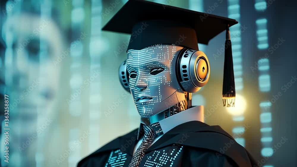Poster a robot in graduation attire symbolizes the intersection of technology and education while surrounde