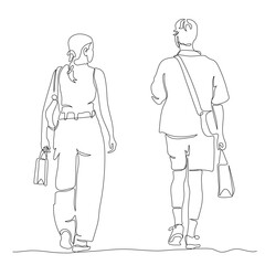 Couple man and woman walking away talking holding shopping bags. Man wearing shorts. Back view. Continuous line drawing. Black and white vector in line art style.