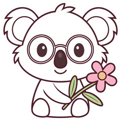 Cute Koala Character with Glasses Holding Pink Flower on Transparent Background