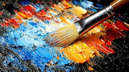 Obraz premium artist skillfully applies vibrant oil paints to a canvas, blending hues of blue, orange, and yellow. brush strokes create rich textures, capturing the essence of creativity in a studio