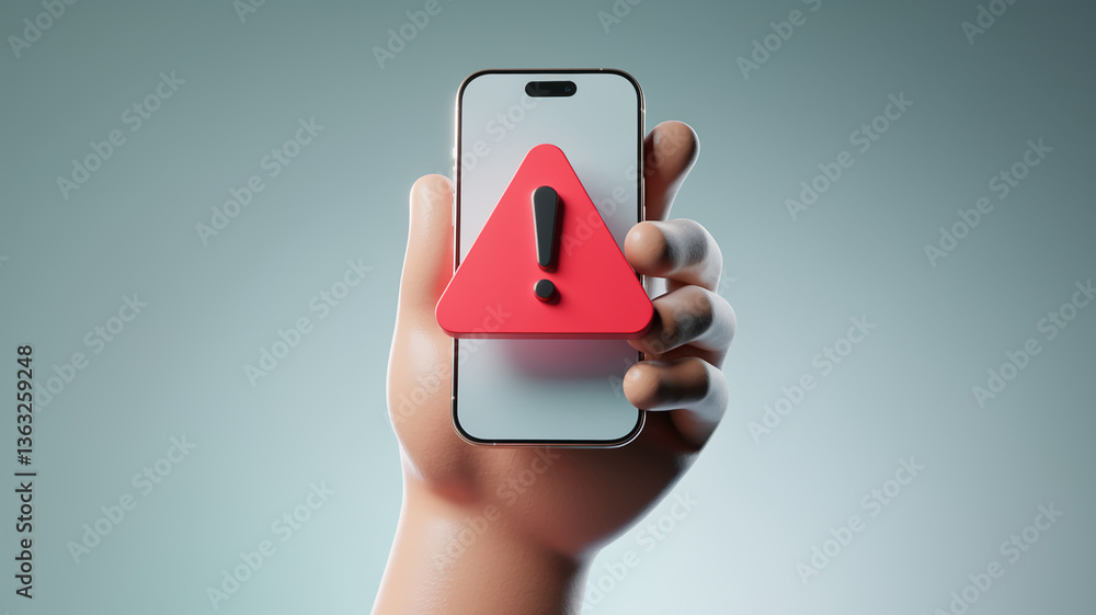 Poster cartoon hand holds smartphone displaying red warning triangle with exclamation mark, symbolizing ale