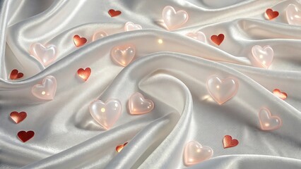  Pink and clear glass hearts scattered on a luxurious white satin fabric, creating a romantic and elegant background