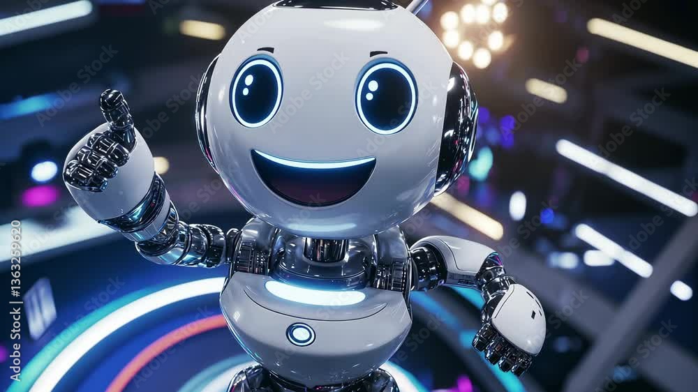 Aufkleber a cheerful robot points finger up with enthusiasm, showcasing advanced technology in a high tech set