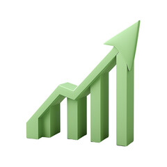 Green 3D Bar Graph Showing Growth or Progress in Business, Finance, or Data Analysis, Featuring Four Vertical Bars and an Upward Arrow, png isolate on white transparent background HD photo Download.