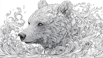 A powerful and enigmatic brown bear, rendered in intricate black and white line art, poised for a leap into the wild. This detailed illustration, crafted in a classic generative AI style, captures 