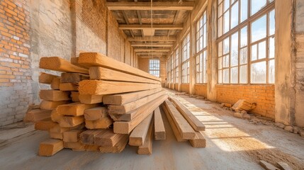 Sunlight floods into an empty warehouse, highlighting a neatly arranged pile of wooden beams on the dusty concrete floor. atmosphere feels rustic and forgotten