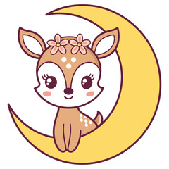 Adorable Deer with Flowers Sitting on Crescent Moon Illustration, Isolated