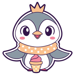 Adorable Penguin Cartoon Character with Crown, Ice Cream, Scarf, Transparent Background