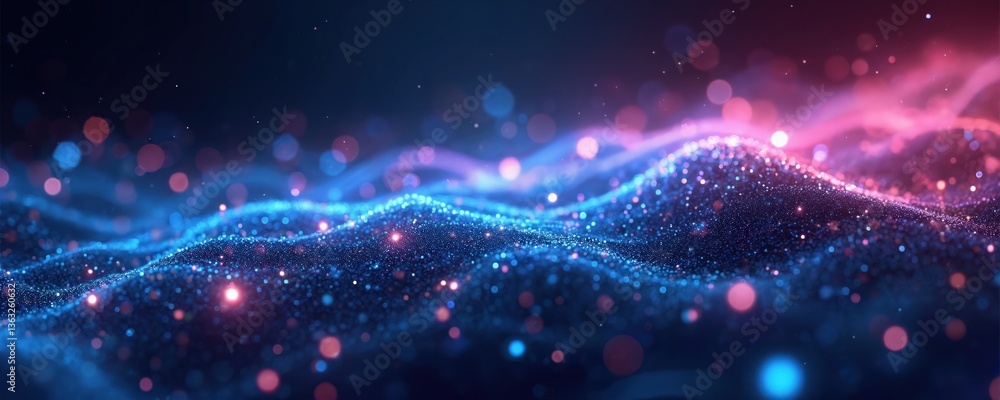 Leinwandbilder abstract illustration of digital network with glowing particles. blue and pink lights on dark backdr