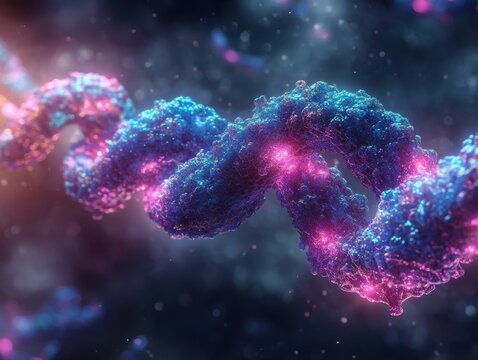 Abstract dna strand with blue and pink hues against a dark backdrop for scientific illustration
