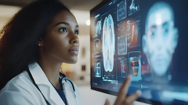 A focused female doctor examines medical scans on a large computer screen, showcasing advanced medical technology and data analysis in healthcare.