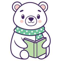 Adorable White Bear Cartoon Character with Green Scarf Reading Book on White
