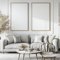 Fototapeta premium Two blank vertical frames above a light grey sofa in a minimalist living room.