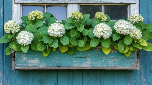 Fototapeta White hydrangeas in a teal wooden window box