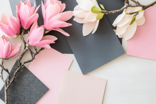 Curated interior moodboard showcasing luxury textures and floral elements in a blush and charcoal color palette for design inspiration