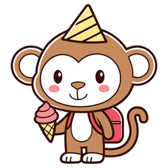 Cartoon Monkey with Party Hat and Backpack Holding Ice Cream on Transparent Background