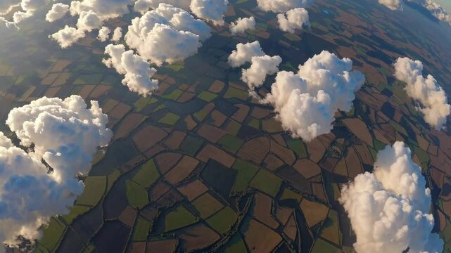 Aerial video captures fluffy clouds over patchwork fields from a high angle, showcasing a serene, expansive landscape under a clear blue sky. Live desktop wallpaper.