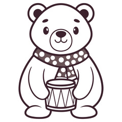 Obraz premium Cute Bear Cartoon Wearing Scarf and Holding Drum with Transparent Background