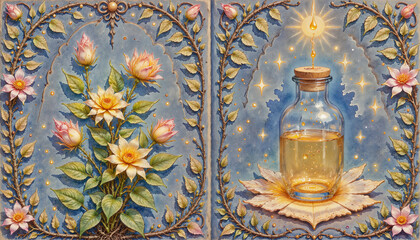 Enchanting floral illustration with a golden potion, magic and wisdom