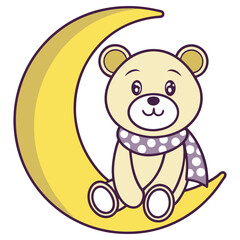 Cute Cartoon Bear Sitting on Crescent Moon with Polka Dot Scarf on White