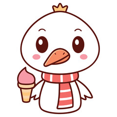 Cute Bird Character with Ice Cream Cone and Scarf on Transparent Background