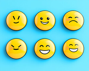 Six glossy yellow emoticon buttons showing various facial expressions on a light blue background