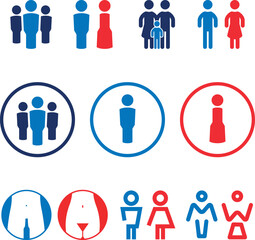 Gruppe, Menschen, Toilette, WC, Mann, Frau, Kind - Icon, Symbol, Zeichen, Set, Sammlung