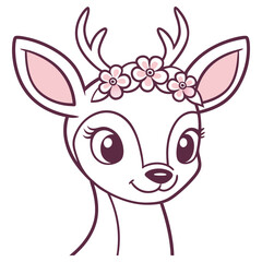 Cute Deer Head with Flower Crown, Pink Floral Wreath, Isolated Design