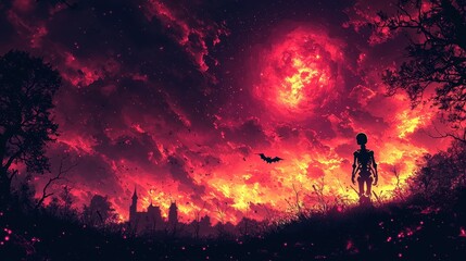 A vibrant Halloween coloring page featuring a skeletal figure and a spooky bat perched against a backdrop of orange and purple, perfect for unleashing creativity and adding a touch of Halloween 