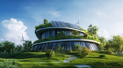 Smart green building with integrated AI energy management, self-sufficient with solar and wind power generative ai
