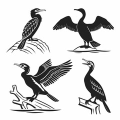 cormorant icon set black silhouette vector bundle