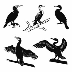 cormorant icon set black silhouette vector bundle
