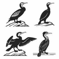 cormorant icon set black silhouette vector bundle