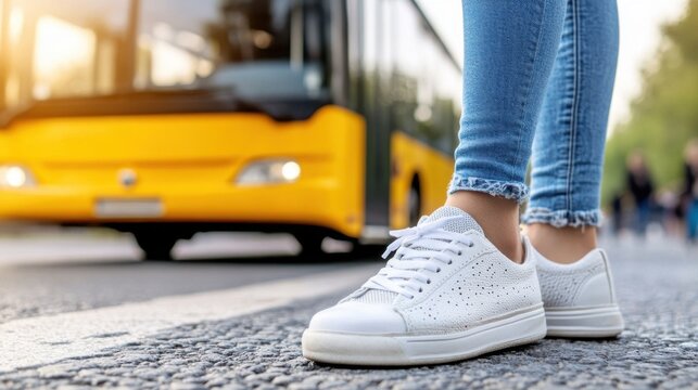 Woman's legs in jeans and white sneakers, yellow blurred bus on the background, waiting for the bus at the bus stop.
