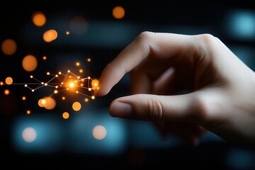 Career development networking mentorship coaching. A hand reaching towards glowing digital connections.