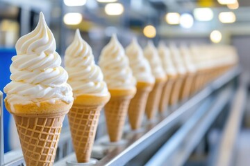 Naklejka premium Soft serve ice cream cones on conveyor belt, ready to be packaged in a factory setting.