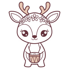 Cute Reindeer With Flower Crown Holding A Drum, Cartoon on White Background