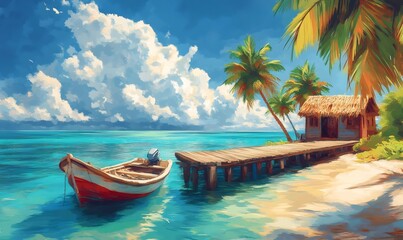 Idyllic tropical beach scene featuring a small boat, a wooden pier, and a charming hut, evoking a sense of tranquility and escape