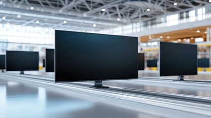 Fototapeta premium TV screens on assembly line in a factory, ready for shipping, distribution, and sale.