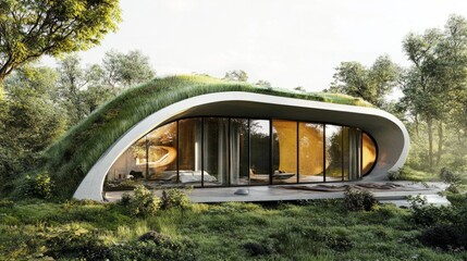 Fototapeta premium Solar-powered futuristic house with a curved green roof, surrounded by a clean environment generative ai