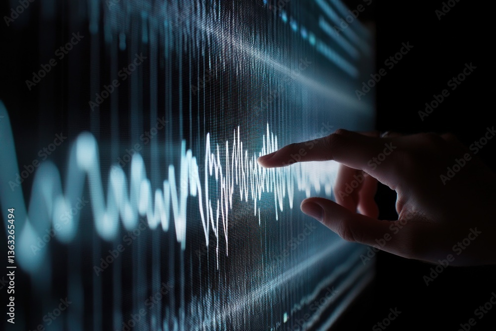 Poster hand interacting with digital data visualization on a large screen.