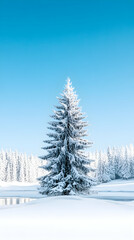 Snow-covered evergreen tree stands alone in a winter wonderland