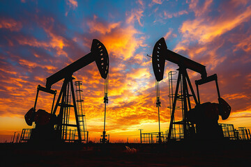 Oil pump jack silhouette at sunset, petroleum industry, crude oil extraction, energy production, fossil fuel drilling, industrial landscape, oilfield equipment, natural resources, and global energy 