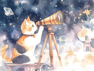 Curious calico cat observing cosmos through telescope in watercolor painting. Generative ai illustrations