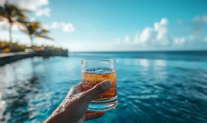 Hand holding a refreshing beverage by an infinity pool overlooking a beautiful, tranquil ocean